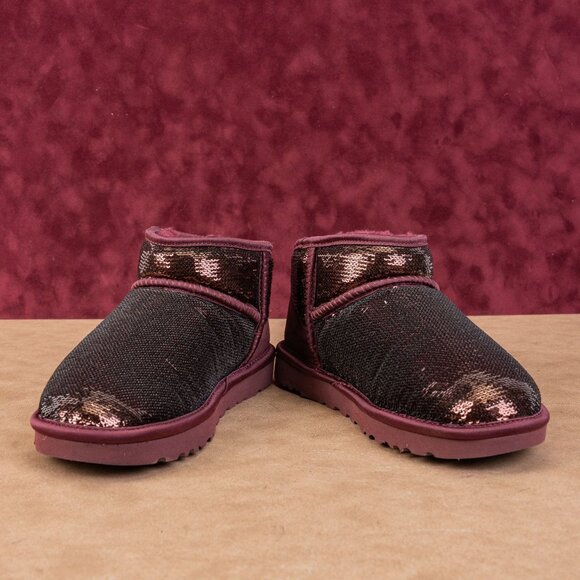 UGG Women Ultra Mini Mirror Burgundy Glitter Winter Ankle Boots sz 6 - Picture 2 of 6